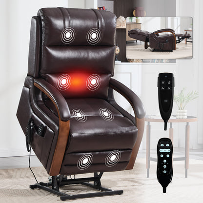 Power Brown Leatheraire Lift Recliner Chair Dual Motor Infinite Position Up to 350 LBS with Solid Wood Armrests, Heat Massage and Heavy Duty Motion Mechanism image 1