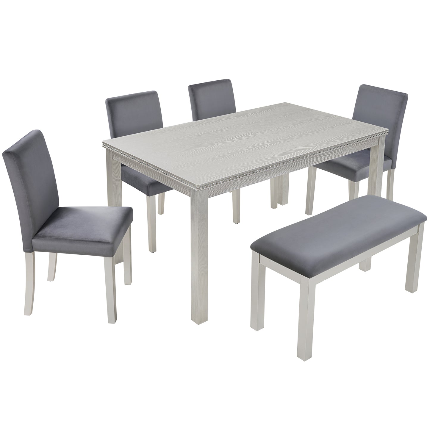 6 Piece Wooden Dining Table Set, Wooden Dining Table with 4 Upholstered Chairs and Bench for 6 People, Rectangular Dining Table Set with Crystal Decoration for Kitchen, Dining Room, Silver grey image 9