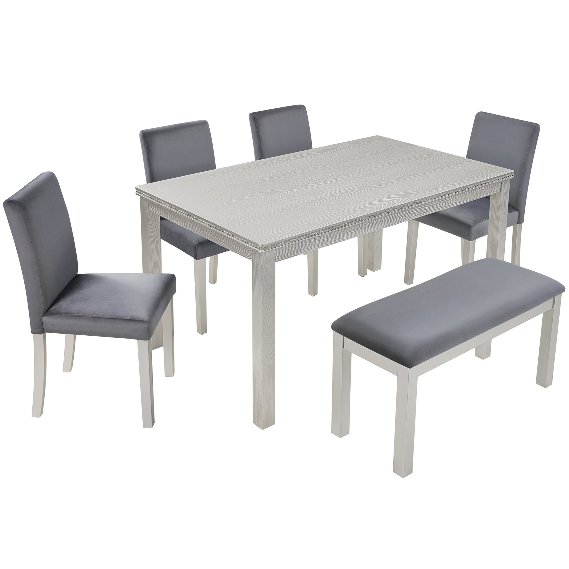 6 Piece Wooden Dining Table Set, Wooden Dining Table with 4 Upholstered Chairs and Bench for 6 People, Rectangular Dining Table Set with Crystal Decoration for Kitchen, Dining Room, Silver grey image 9