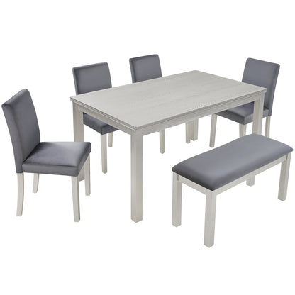 6 Piece Wooden Dining Table Set, Wooden Dining Table with 4 Upholstered Chairs and Bench for 6 People, Rectangular Dining Table Set with Crystal Decoration for Kitchen, Dining Room, Silver grey image 9