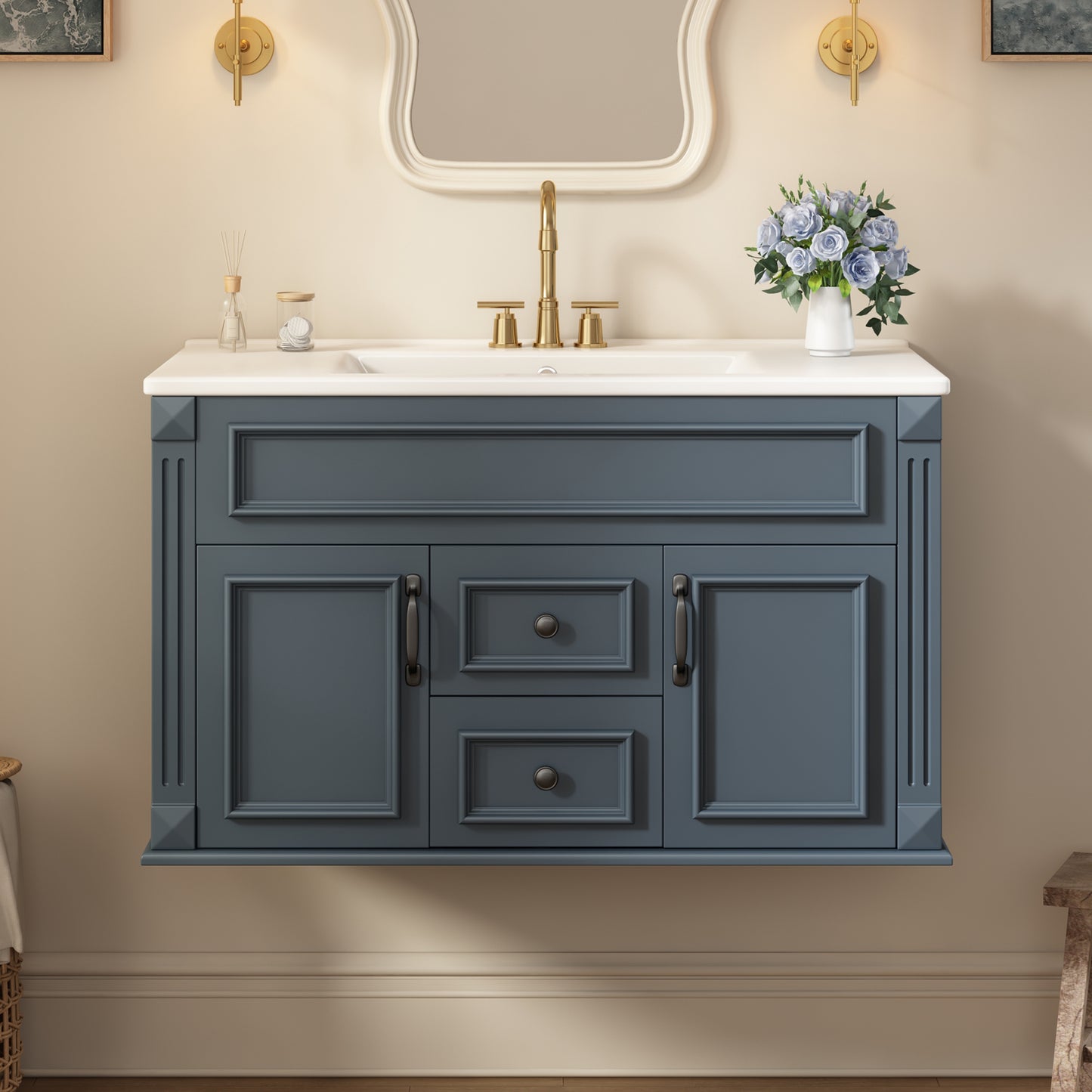 36 inch Wall Mounted Bathroom Cabinet with Ceramic Sink and Drawers, French Simple Style Vanity with Soft Closing Hinges image 3