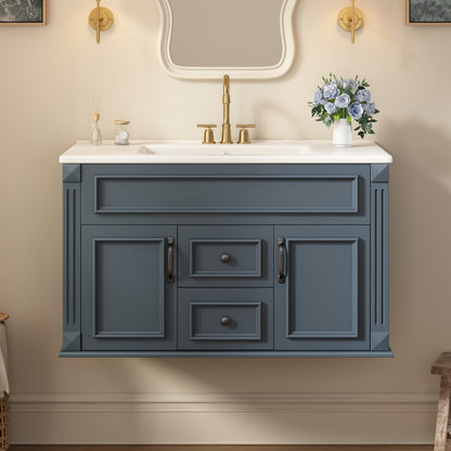 36 inch Wall Mounted Bathroom Cabinet with Ceramic Sink and Drawers, French Simple Style Vanity with Soft Closing Hinges image 3