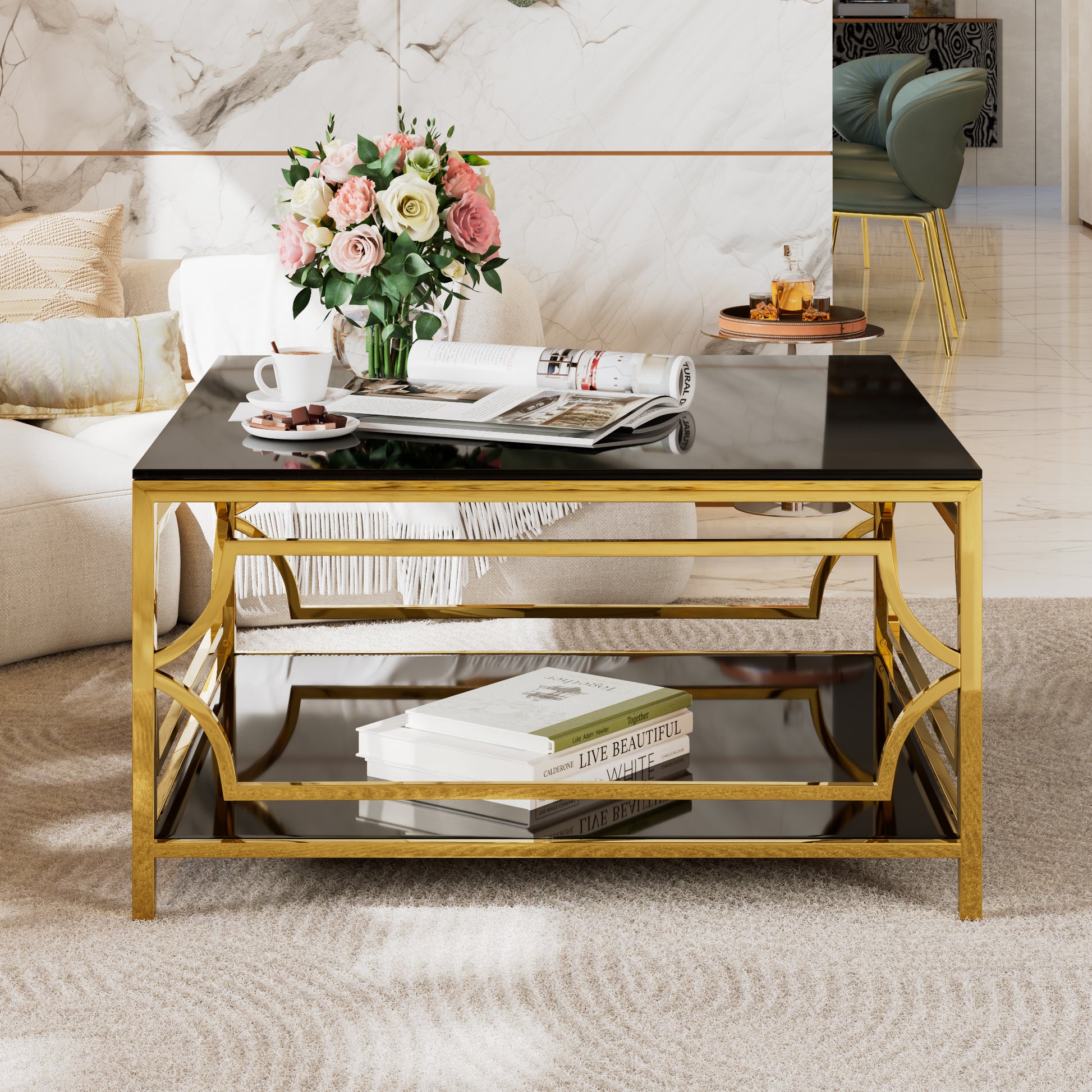 Square Glass Coffee Table in 33.5",Luxurious Geometric Metal Frame,Gold Finish & Lower Shelf image 6
