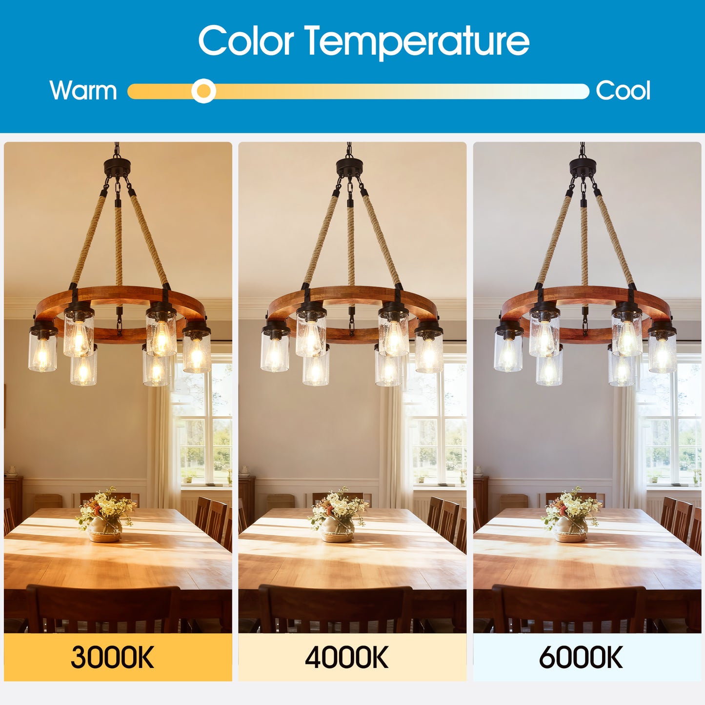 23.62 INCH Round Wood Pendant Light with Seeded Glass Shade, Rustic 6-Light Wagon Wheel Chandelier,Farmhouse Chandeliers for Dining Room Kitchen Island Foyer Entryway (8 Light)--NO INCLUDED BULBS image 5