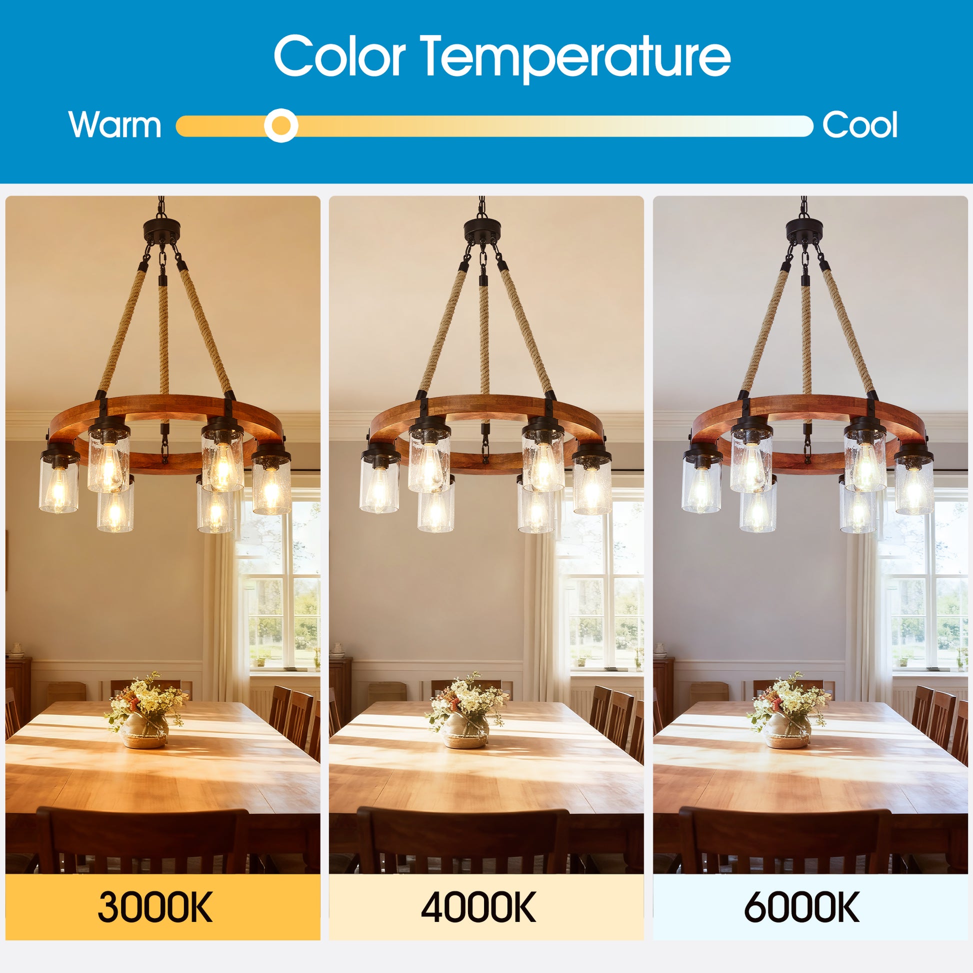 23.62 INCH Round Wood Pendant Light with Seeded Glass Shade, Rustic 6-Light Wagon Wheel Chandelier,Farmhouse Chandeliers for Dining Room Kitchen Island Foyer Entryway (8 Light)--NO INCLUDED BULBS image 5