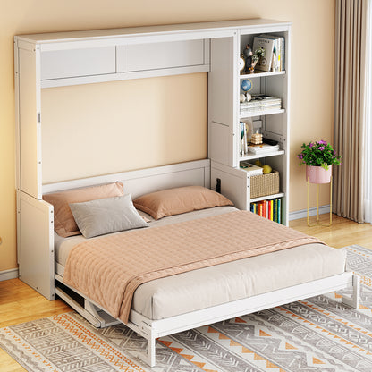 Queen Size Murphy Bed with Desk and Bookshelf, White image 3