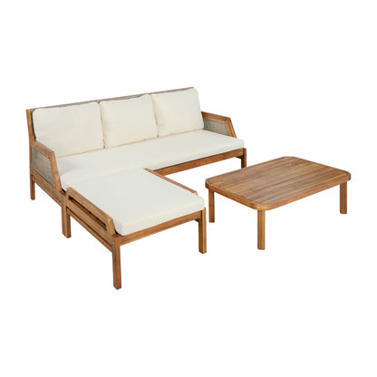 3 Piece Acacia Wood Patio Furniture Set, Outdoor Wicker Furniture Sectional Sofa Set with Coffee Table, 4 Seats Sofa Deep Seating with Soft Cushions for Garden, Backyard, Teak & Mix Brown & Cream image 2