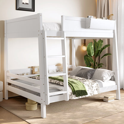 Full Bunk Bed With Storage Shelf and Bookshelf,Wood Bunk Bed with Ladder and Guardrails,Detachable Design,White image 1