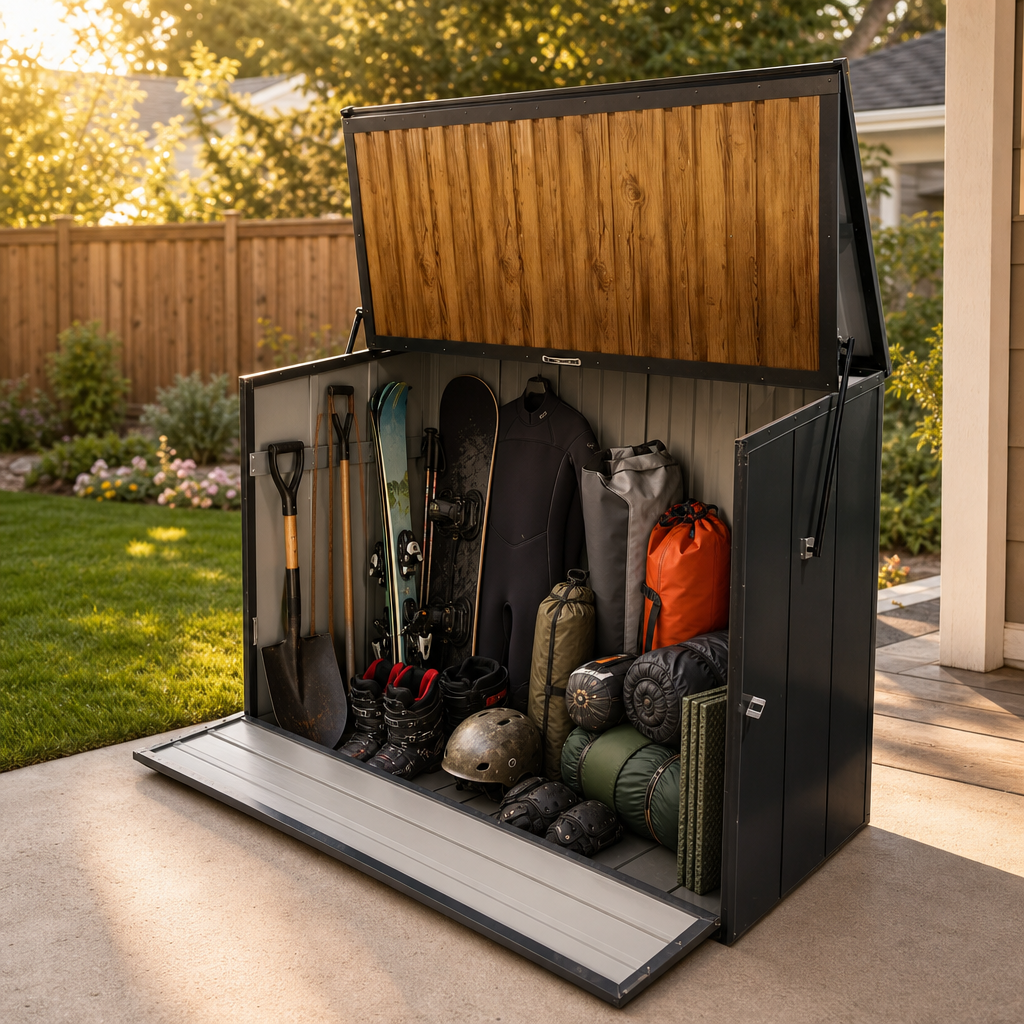 Wood Grain Galvanized Steel Storage Cabinet, Lift-Up Top & Foldable Front Door Large Capacity Tool Cabinet for Indoor, Garage & Backyard Use 594.39 US Gal 2.25m³ image 5