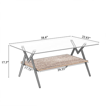 Rectangle Coffee Table with Tempered Glass top and Brown MDF Shelf, Modern Table for Living Room, Gray Glass image 6