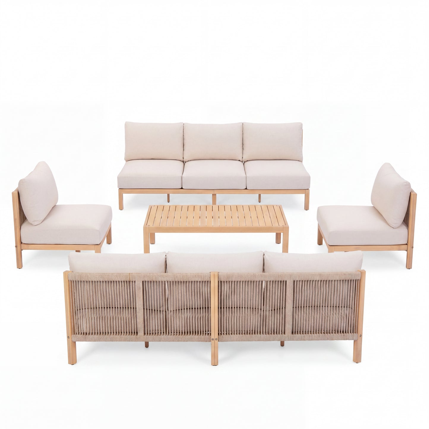 5 Piece Set Acacia wood Outdoor Sofa Set, outdoor rope-woven chair, deep seat design with soft cushion, suitable for porches, gardens, backyards, and balconies (Light Teak + Beige Rope + Beige Cushion image 3