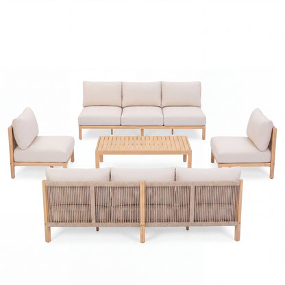 5 Piece Set Acacia wood Outdoor Sofa Set, outdoor rope-woven chair, deep seat design with soft cushion, suitable for porches, gardens, backyards, and balconies (Light Teak + Beige Rope + Beige Cushion image 3