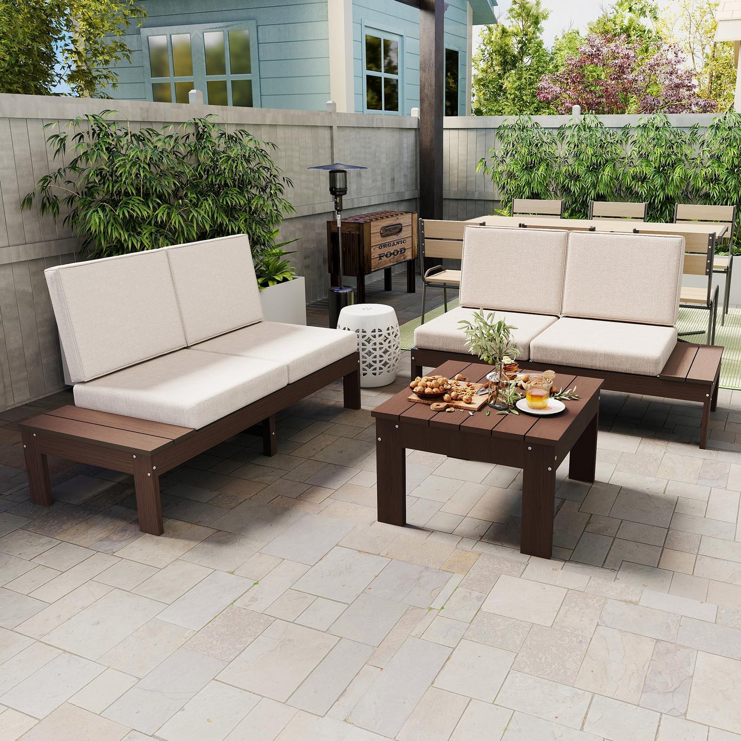 HDPE Outdoor Patio Sofa Set, 3-Piece Modern Conversation Set with Left & Right Arm Sofas, Cushioned Sectional Seating and Coffee Table for Backyard, Porch, Deck & Garden image 7
