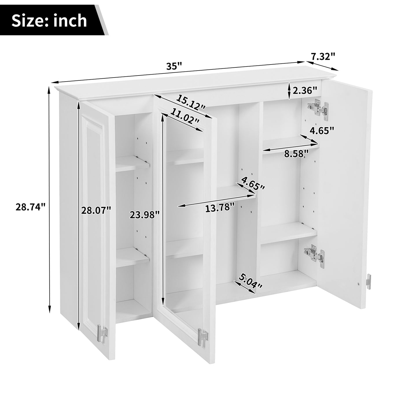 35 inch 2-in-1 Bathroom Wall Cabinet, Wall Mounted Medicine Cabinet with 5 Adjustable Shelves, Mirrored Door Over Toilet Storage Cabinet, White image 8