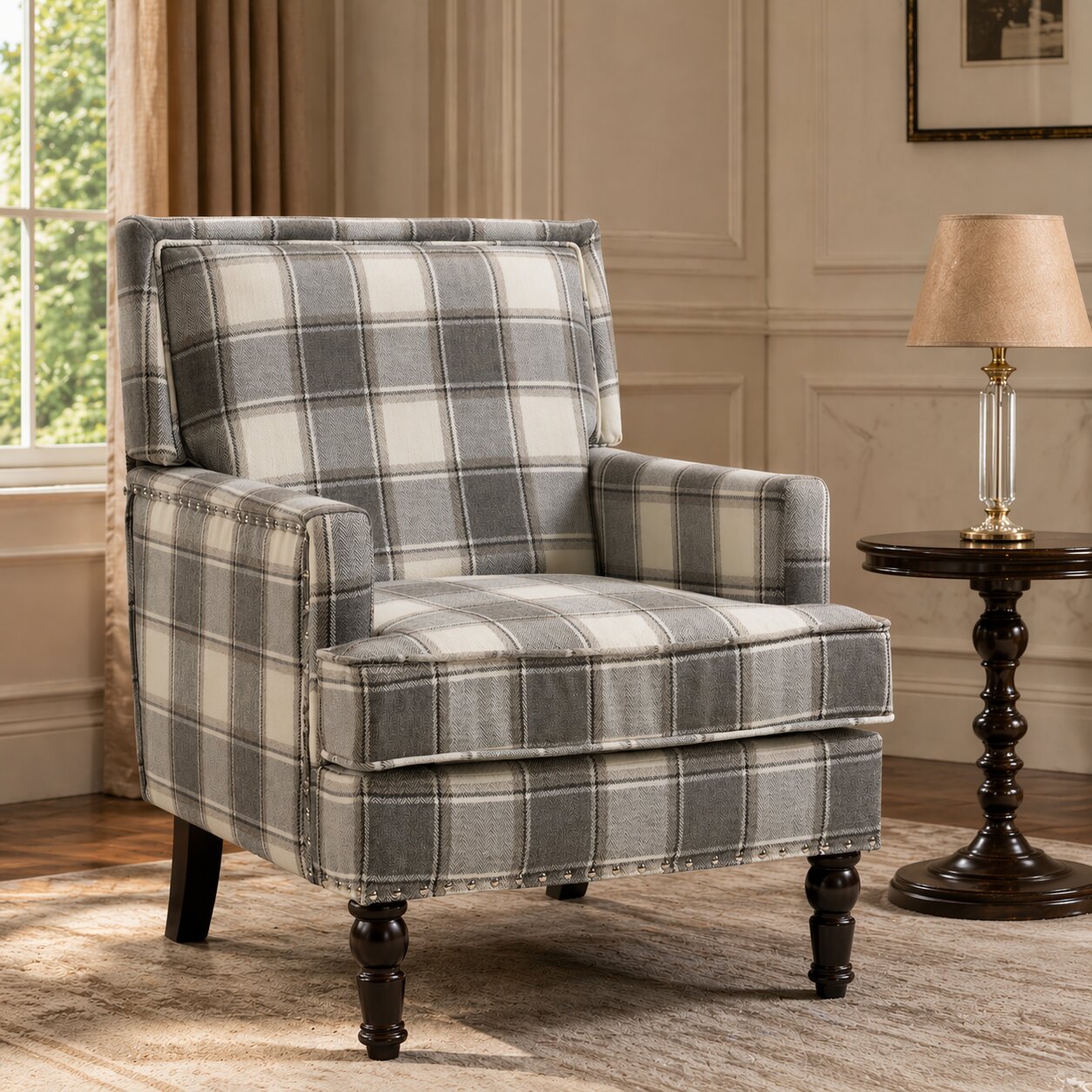 Upholstered Accent Chair, Vintage Armchair with Grey Linen Fabric and Nailhead Trim for Living Room image 1