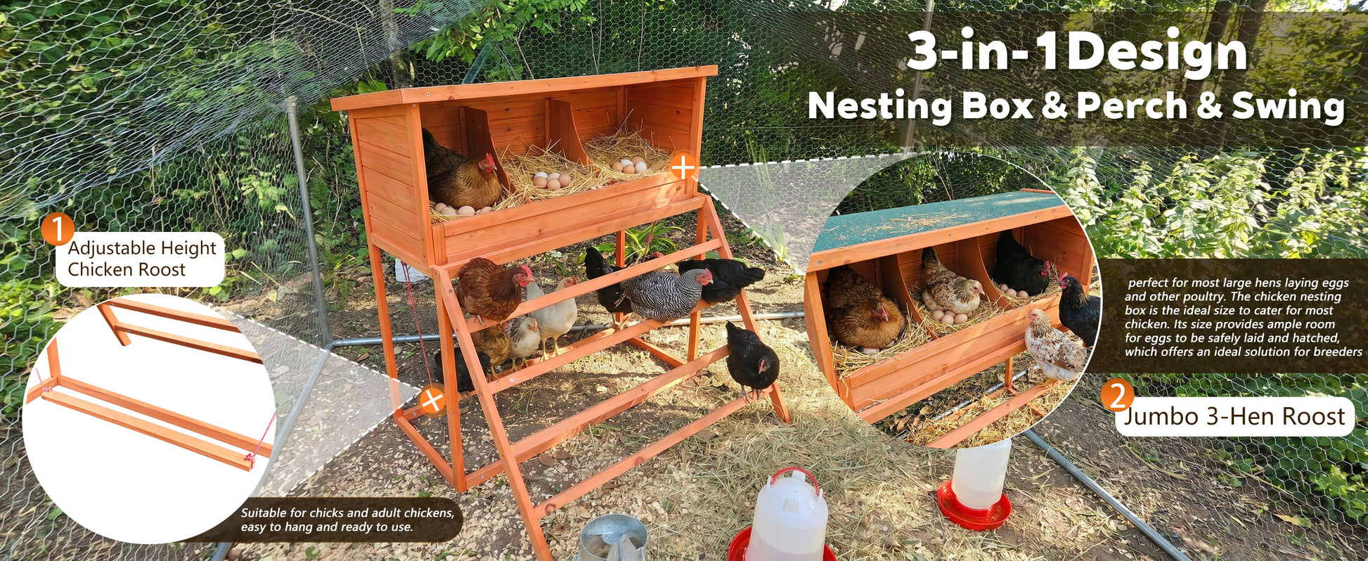 3-in-1 Nesting Boxes for Chickens with Perch and Swing- Wooden Chicken Nesting Box for Poultry 3 Compartments Laying Eggs Nest Box for Chickens, Hens, Ducks image 6