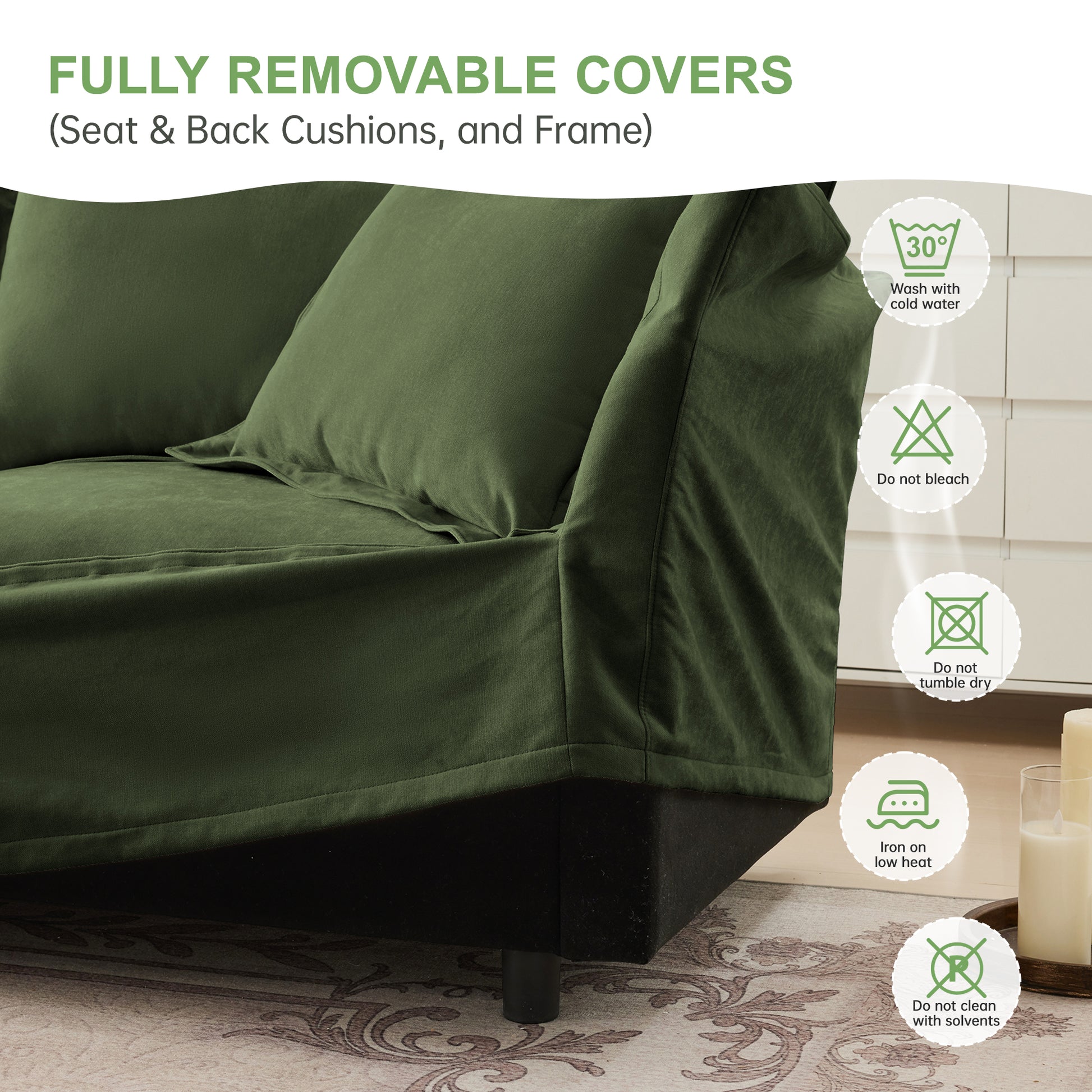 Modern Slipcovered 2-Seat Sofa Couches for Living Room, 2 Seater Sofa, Plain Chenille Deep Seat Sofa with Upholstered Cushion&Detachable Cover, Comfy Sofa Couch for Small Space, Apartment, Green image 10
