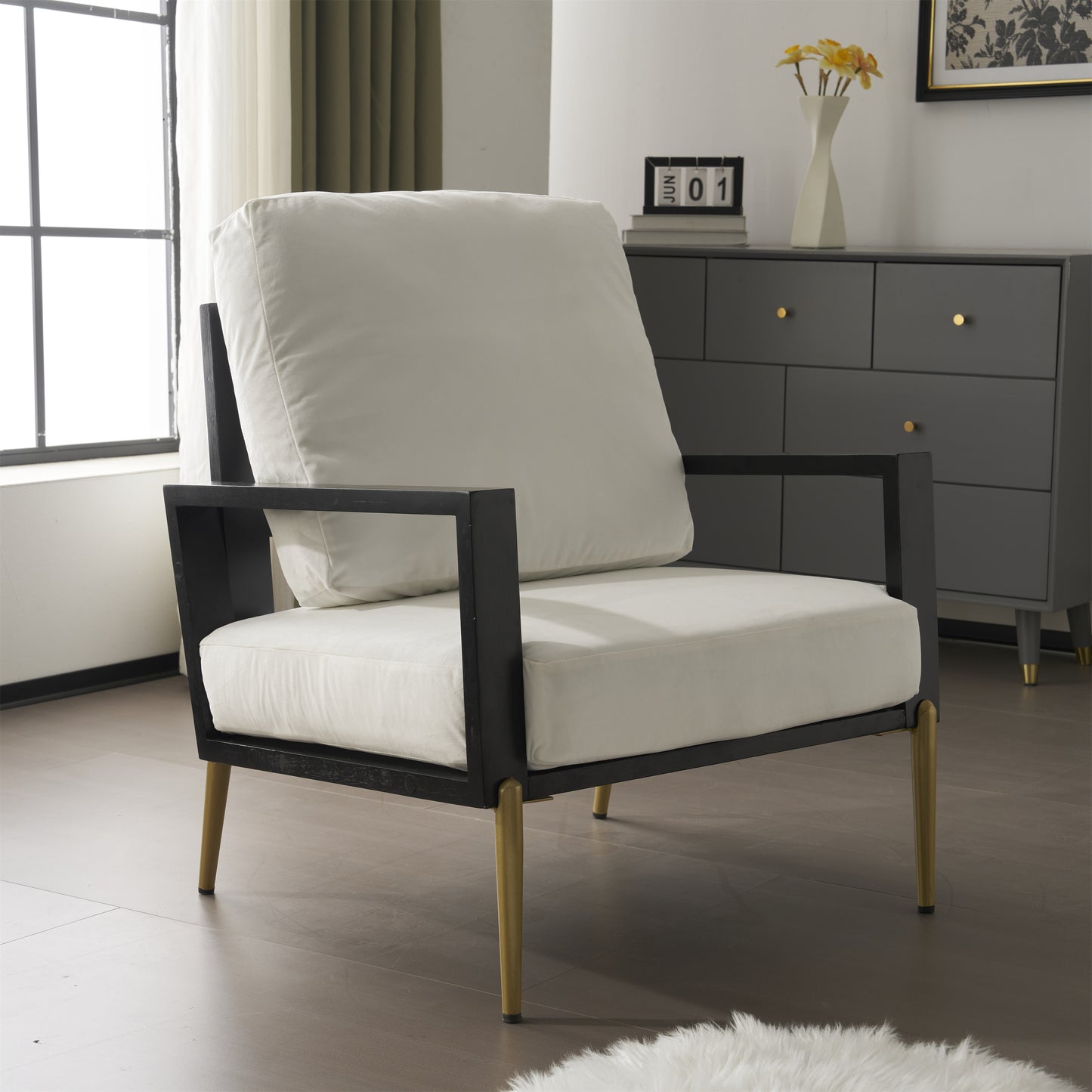Upholstered Accent Chair, Velvet Lounge Arm Chair with Solid Wood Frame, Living Room Chairs with Metal Legs for Reading Chair for Balcony, Living Room and Bedroom, White image 11