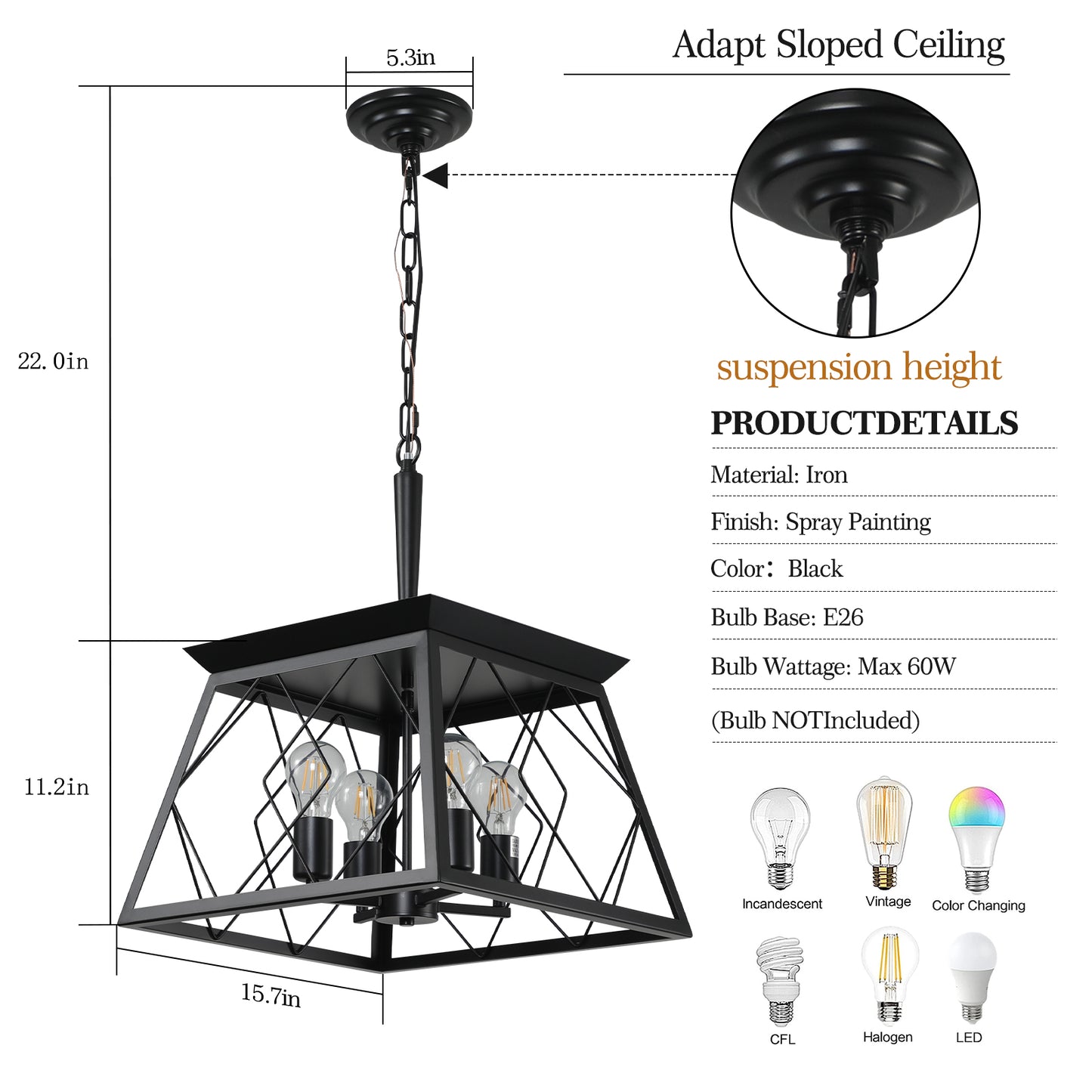 16" Black Industrial 4-Light Pendant Chandelier, Modern Metal Cage Design, Adjustable Hanging Light for Dining Room, Kitchen, Living Room (No Bulbs) image 9