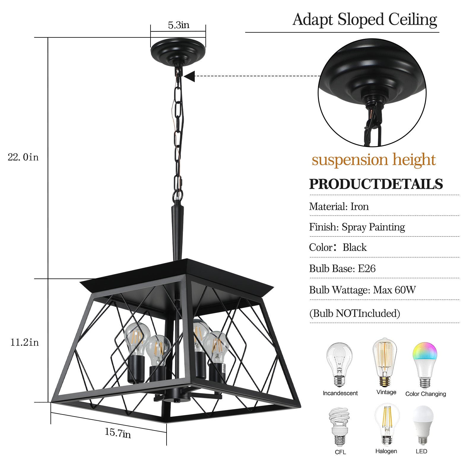 16" Black Industrial 4-Light Pendant Chandelier, Modern Metal Cage Design, Adjustable Hanging Light for Dining Room, Kitchen, Living Room (No Bulbs) image 9