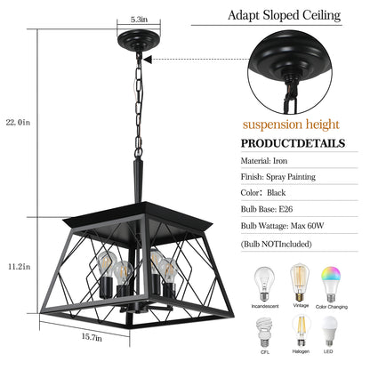 16" Black Industrial 4-Light Pendant Chandelier, Modern Metal Cage Design, Adjustable Hanging Light for Dining Room, Kitchen, Living Room (No Bulbs) image 9