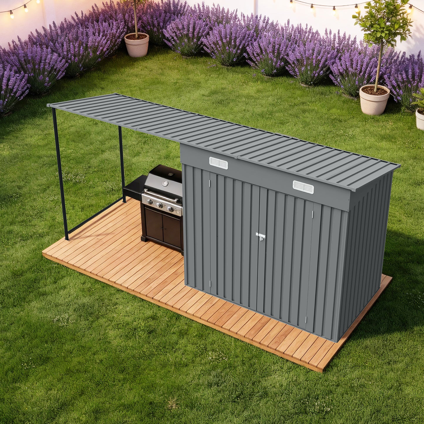 12x4 FT Metal Lean-To Shed with Pergola, 6x4 FT Outdoor Storage Shed & Hardtop Gazebo Combo, 2-in-1 Garden Tool Shed with Open Side for Patio, Backyard, Deck image 11