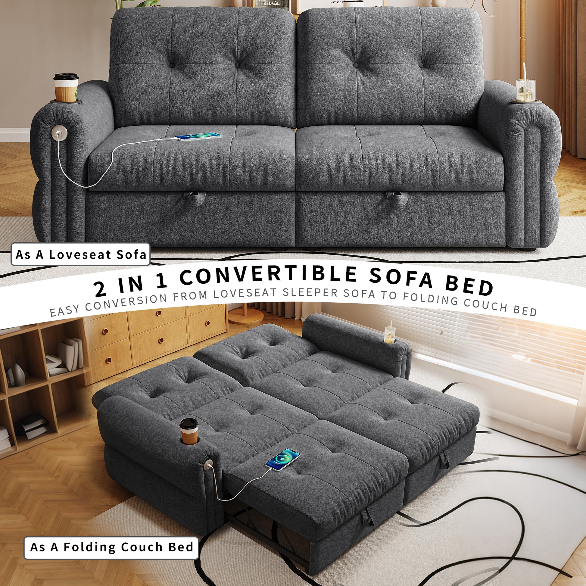 It is a multi-functional sofa, a 77-inch convertible sofa bed, and a 2-in-1 piece suitable for both sitting and lying down. Made of Chenille fabric, it is suitable for living rooms, bedrooms image 10