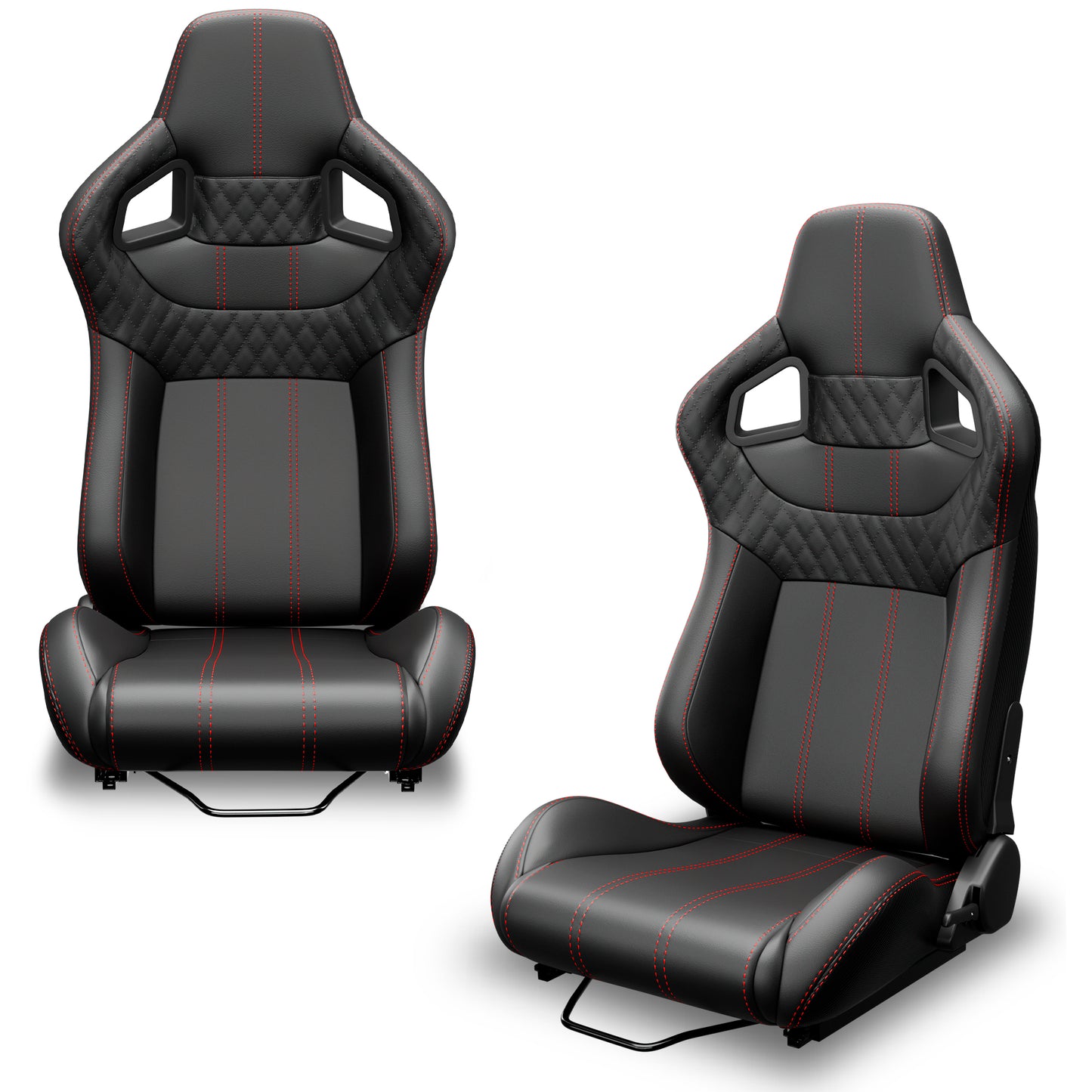 2PC Universal Bucket Racing Seats Red Stitch PVC Leather Reclinable Carbon Look Leather Back With Adjustor Slider(Not Including Seat Bracket) image 2
