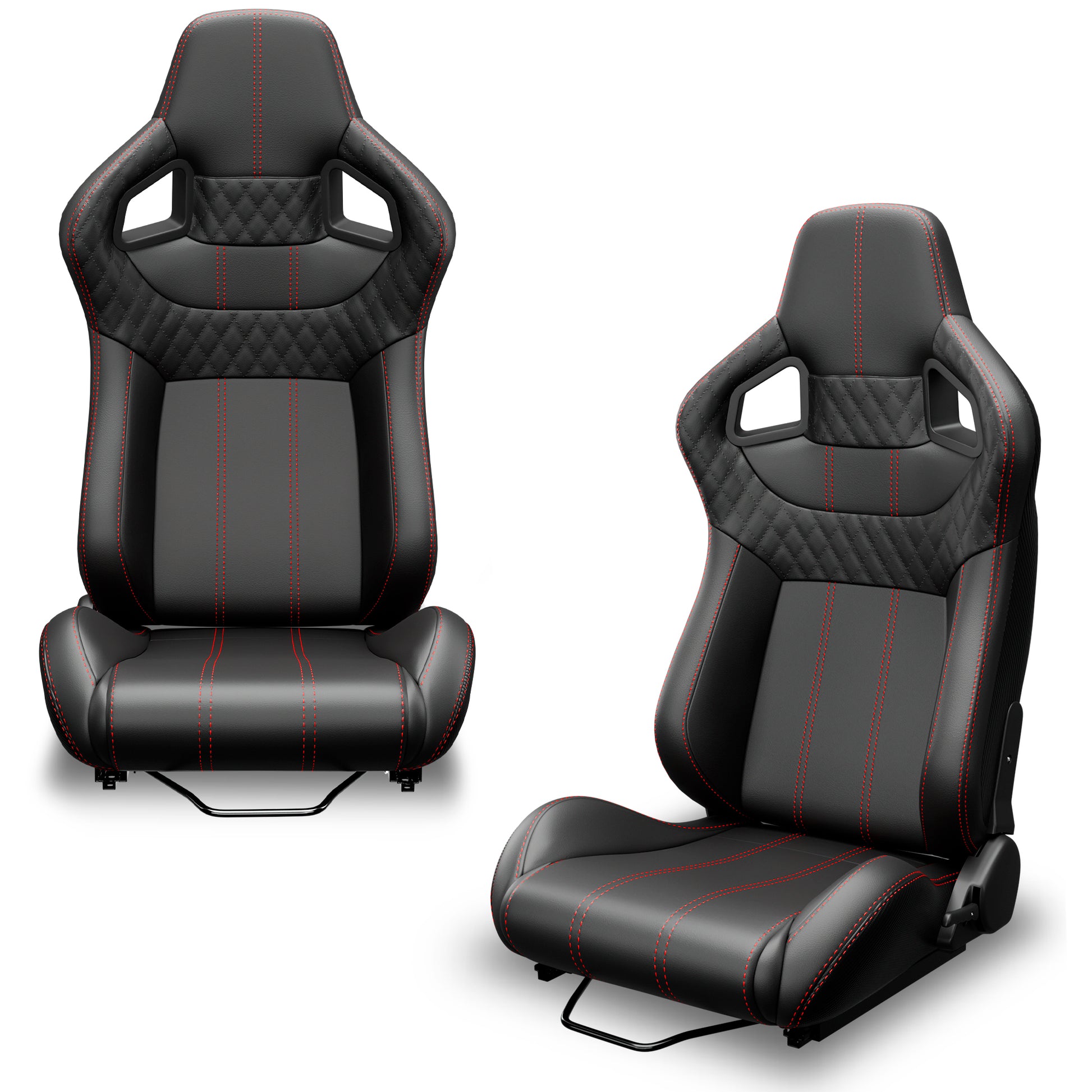 2PC Universal Bucket Racing Seats Red Stitch PVC Leather Reclinable Carbon Look Leather Back With Adjustor Slider(Not Including Seat Bracket) image 2