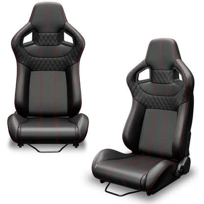 2PC Universal Bucket Racing Seats Red Stitch PVC Leather Reclinable Carbon Look Leather Back With Adjustor Slider(Not Including Seat Bracket) image 2