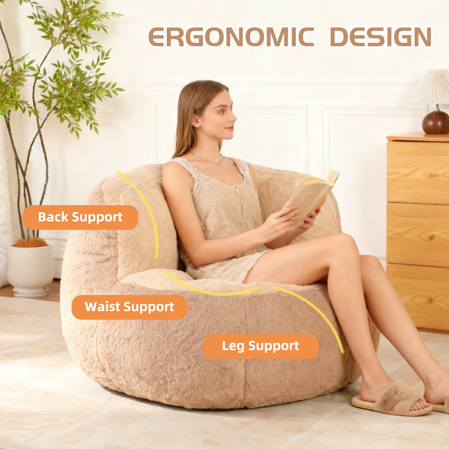 Oversized Bean Bag Chairs,Multicolor Faux Fur Couch Filled with Shredded Sponge,Large Lounger Sofa For Living Room,No Assembly Required,Brown+Camel image 2