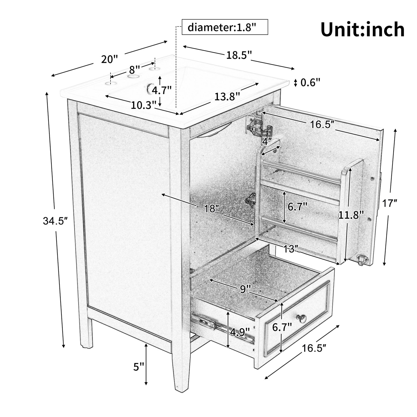 20" Bathroom Vanity with Sink, Bathroom Cabinet with A Door, Door Shelf Storage and Adiustable Foot Pads, A Drawer, White(Old SKU:N725P192821K) image 3