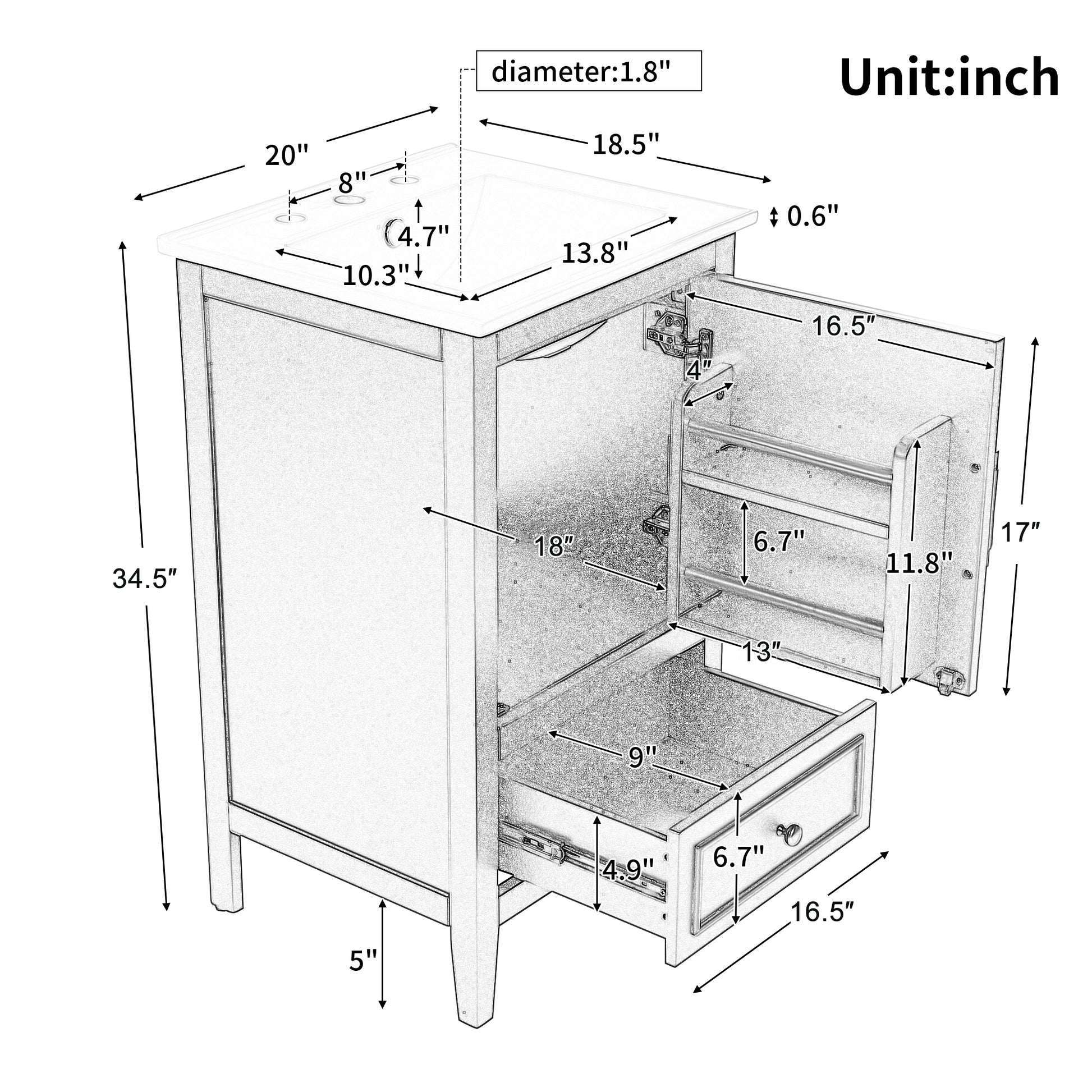 20" Bathroom Vanity with Sink, Bathroom Cabinet with A Door, Door Shelf Storage and Adiustable Foot Pads, A Drawer, White(Old SKU:N725P192821K) image 3