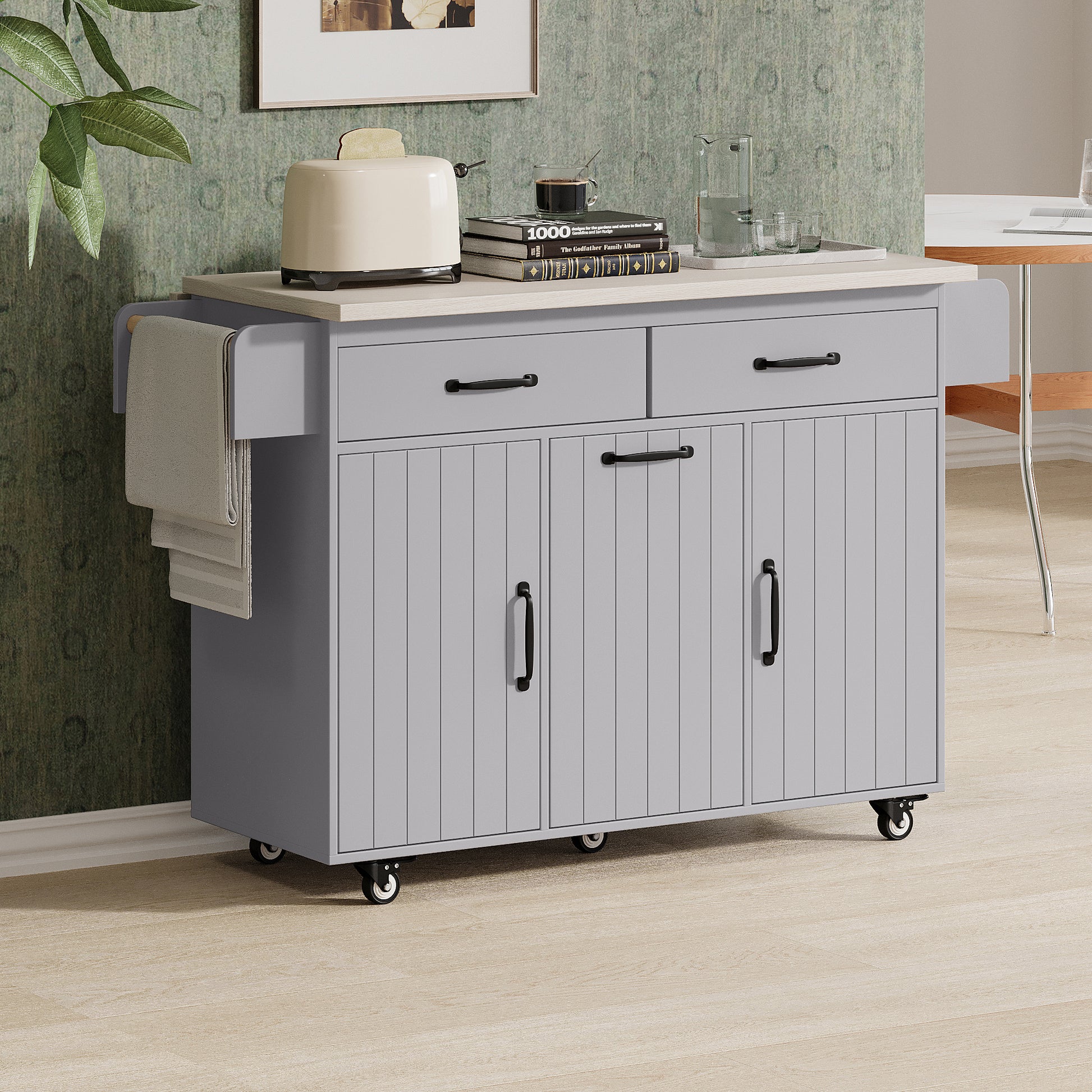 K&K Kitchen Island with Trash Can Storage Cabinet, Kitchen Cart with Drop Leaf, Spice Rack, Towel Rack and Drawer, Rolling Kitchen Island on Wheels with Adjustable Shelf, Grey image 8