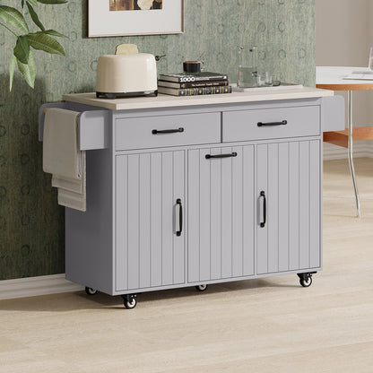 K&K Kitchen Island with Trash Can Storage Cabinet, Kitchen Cart with Drop Leaf, Spice Rack, Towel Rack and Drawer, Rolling Kitchen Island on Wheels with Adjustable Shelf, Grey image 8