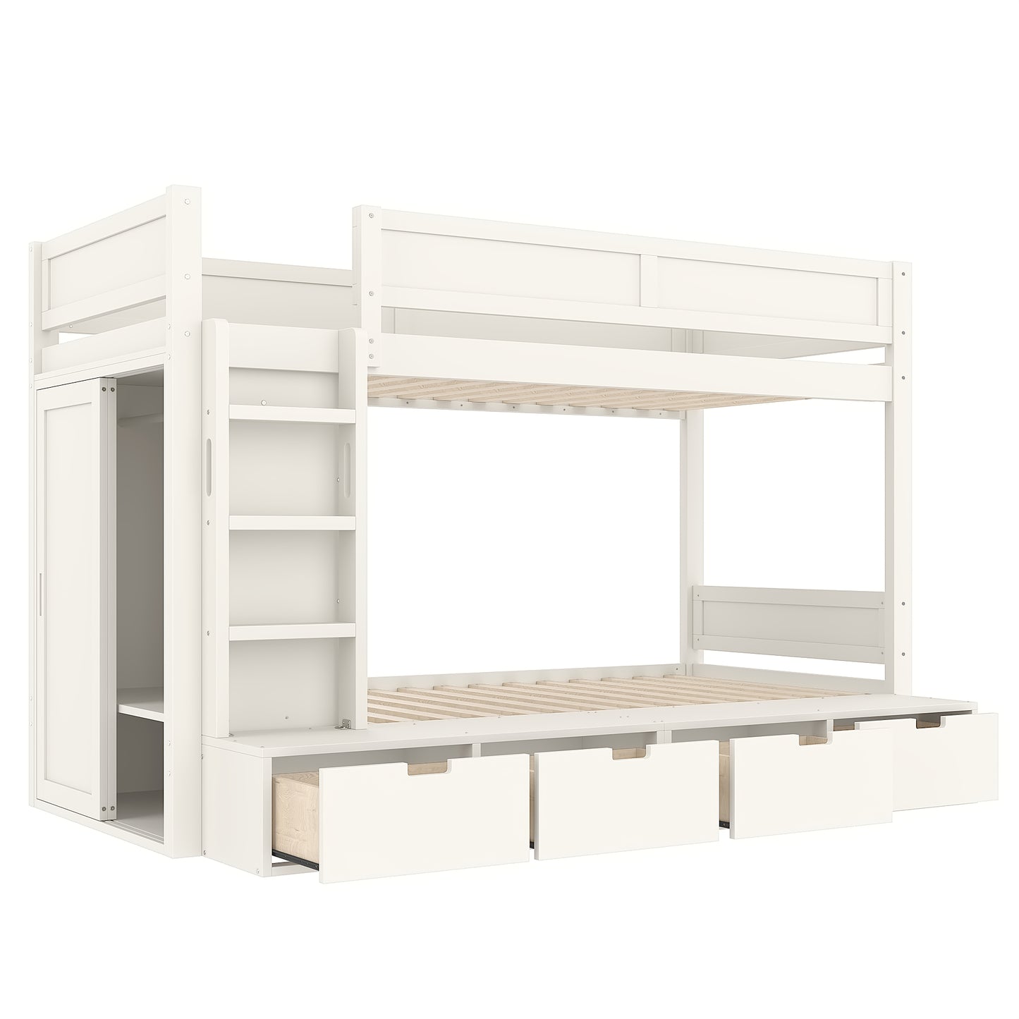 Twin over Twin Bunk Bed with 4 Storage Drawers, Solid Wood Bunk Bed with Built-in Wardrobe and Full-length Guardrails, No Box Spring Needed, Ivory image 11