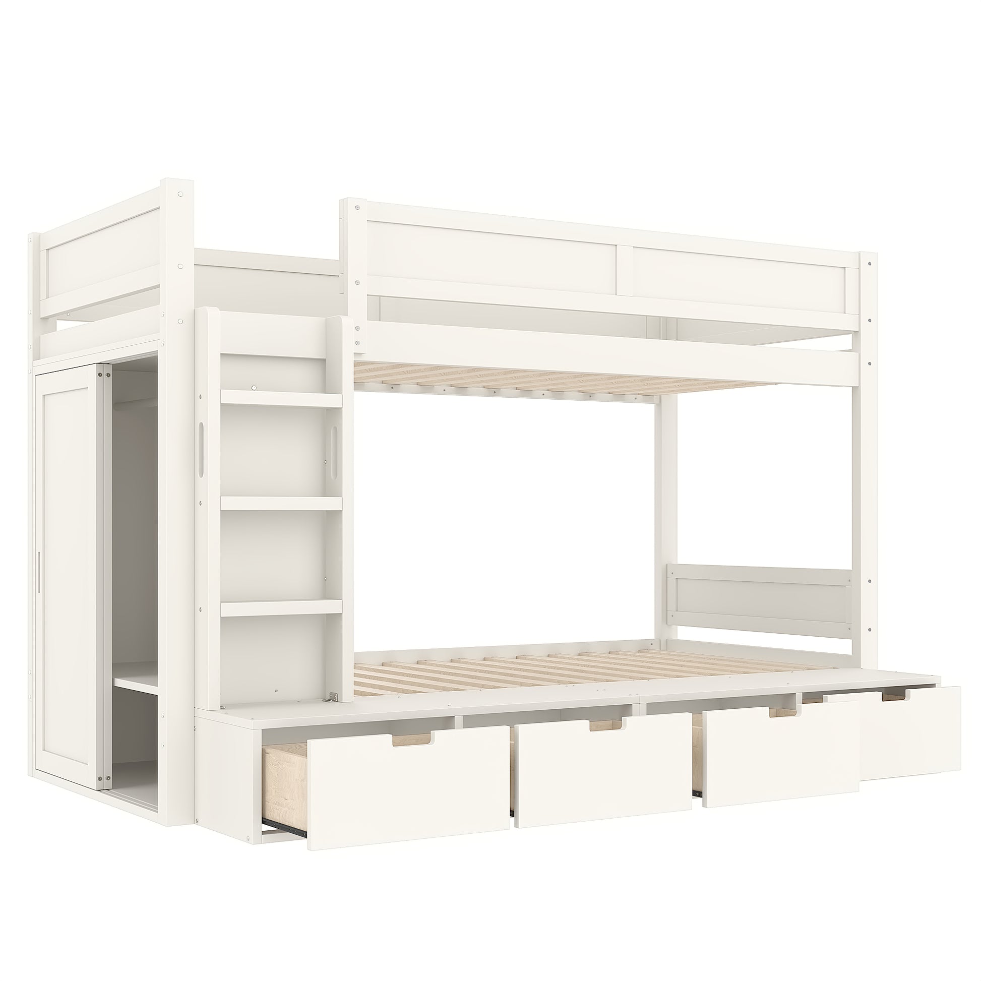 Twin over Twin Bunk Bed with 4 Storage Drawers, Solid Wood Bunk Bed with Built-in Wardrobe and Full-length Guardrails, No Box Spring Needed, Ivory image 11