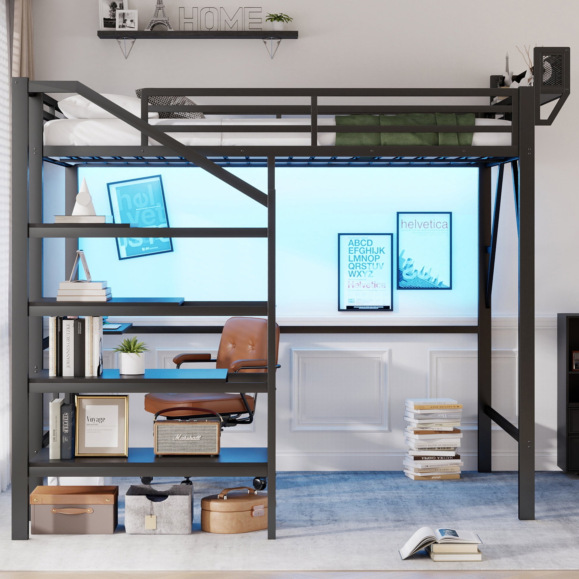 Queen Size Loft Bed with Foldable Desk and Charging Station,Metal Queen Loft Bed with Light Strip and Staircase Storage for Kids Teens Adults, Patent Products,Black(Expect Arrival Date 2026/4/10) image 5
