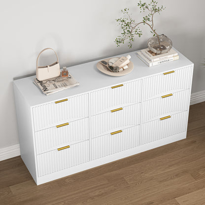 White 9 Drawer Dresser, 63" Large Deep Chest of Drawers, Wooden Dresser Storage Cabinet with 9 Drawers for Bedroom, Long Dressers for Living Room, Hallway, Drawer panel with wavy patterns image 6