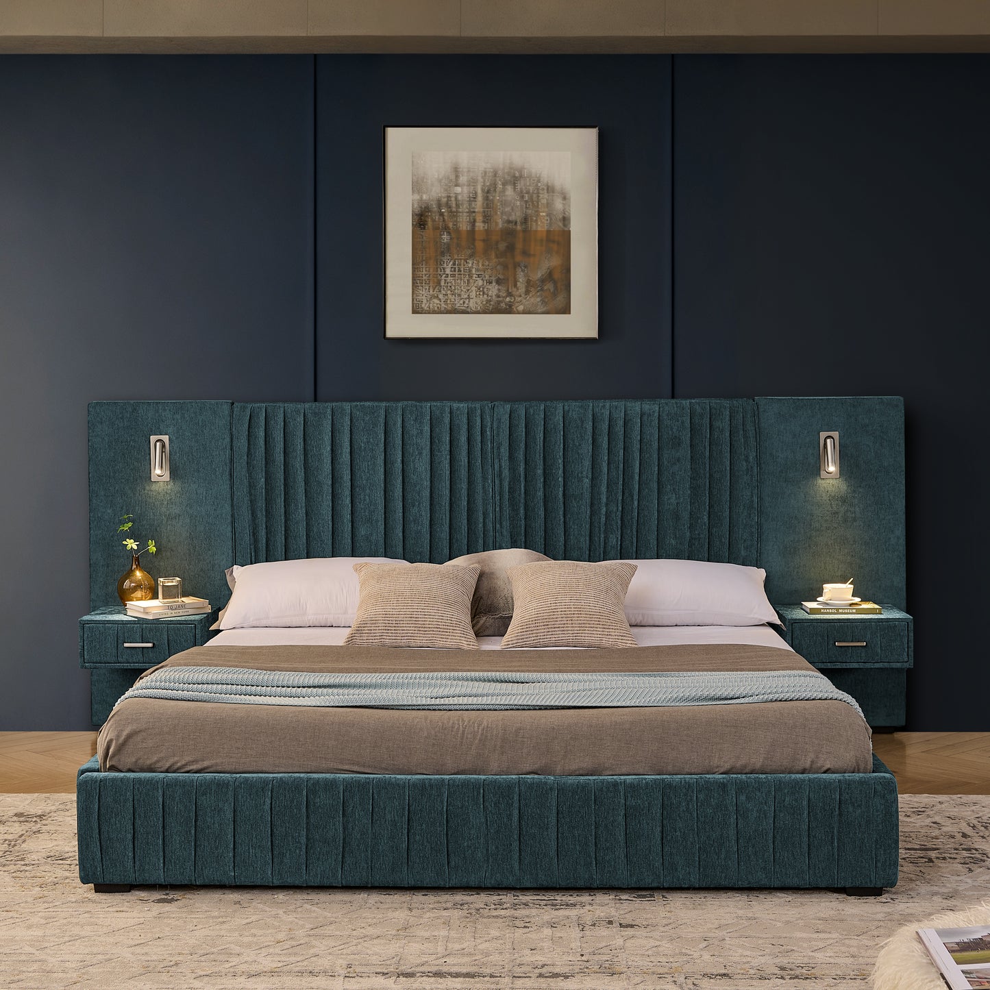 King Size Upholstered Bed Frame with Chenille fabric with pleated design,Grounded King Size Platform Bed with Headboard and Solid Frame and the bedside table.No Box Spring Needed-Blue-Green image 3