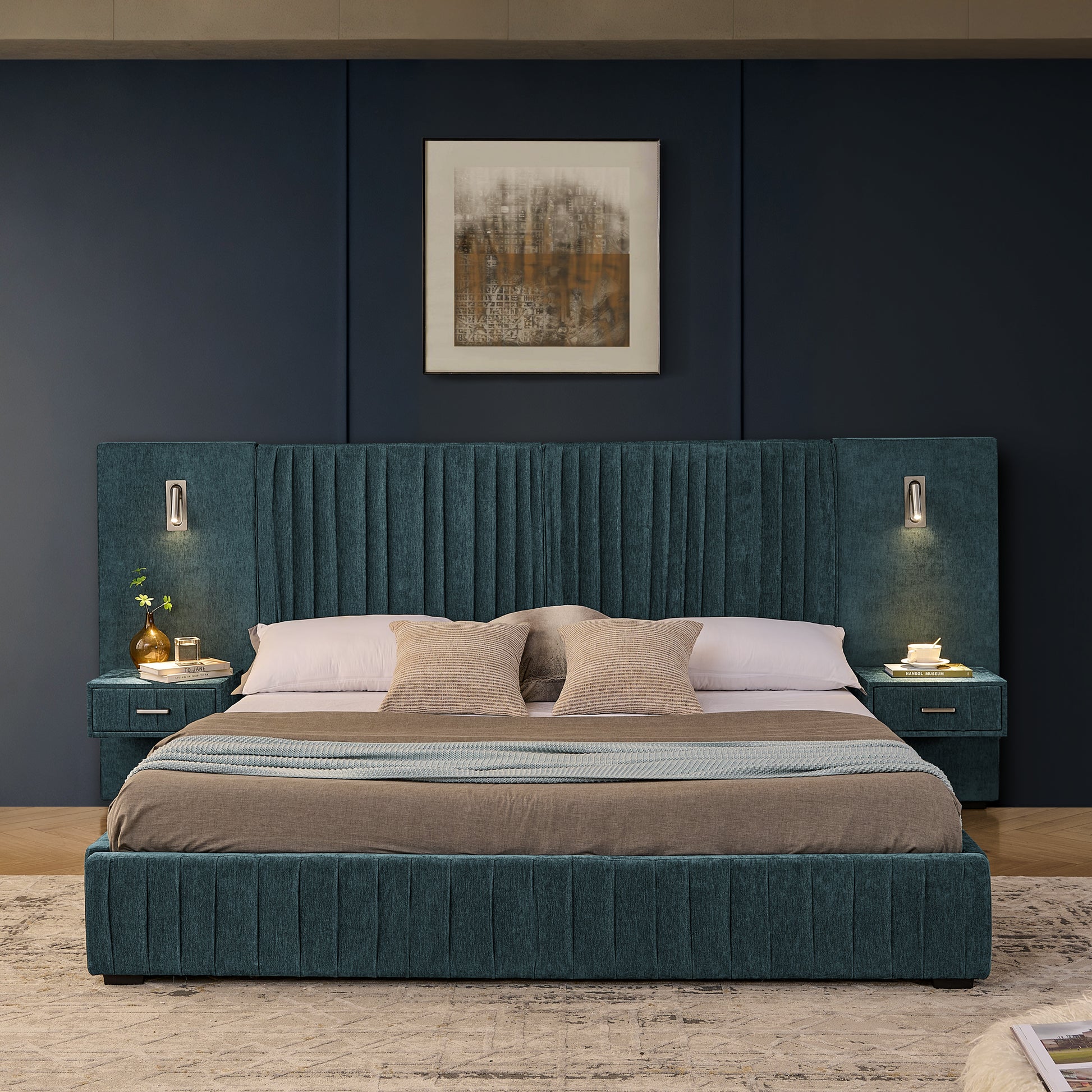 King Size Upholstered Bed Frame with Chenille fabric with pleated design,Grounded King Size Platform Bed with Headboard and Solid Frame and the bedside table.No Box Spring Needed-Blue-Green image 3