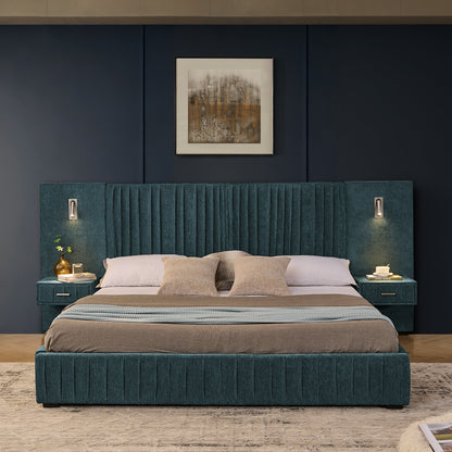 King Size Upholstered Bed Frame with Chenille fabric with pleated design,Grounded King Size Platform Bed with Headboard and Solid Frame and the bedside table.No Box Spring Needed-Blue-Green image 3