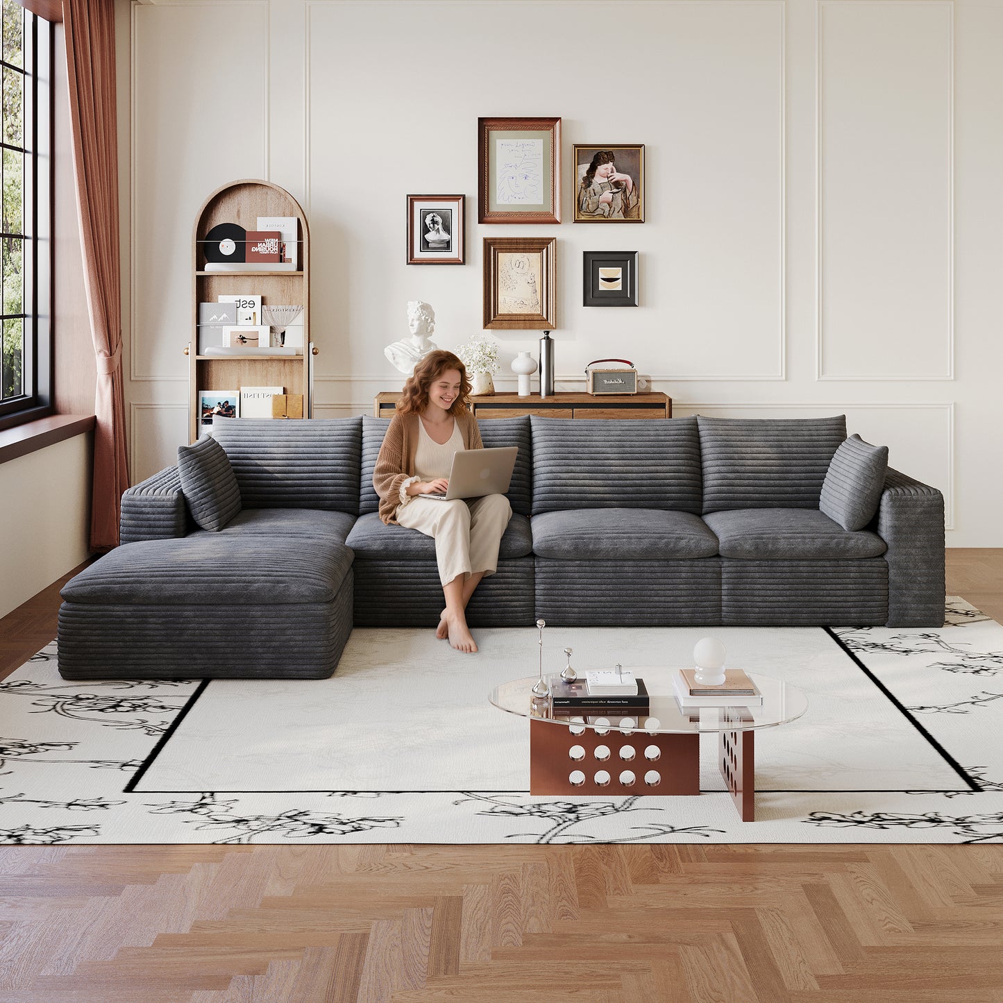 134" Cloud Sofa,Corduroy Fabric,Deep Seat Couches,Double-layer design,Removable Cushion,No Assembly, DIY Combination for Living room, Bedroom,Conference room,Apartment,Dark Grey image 2