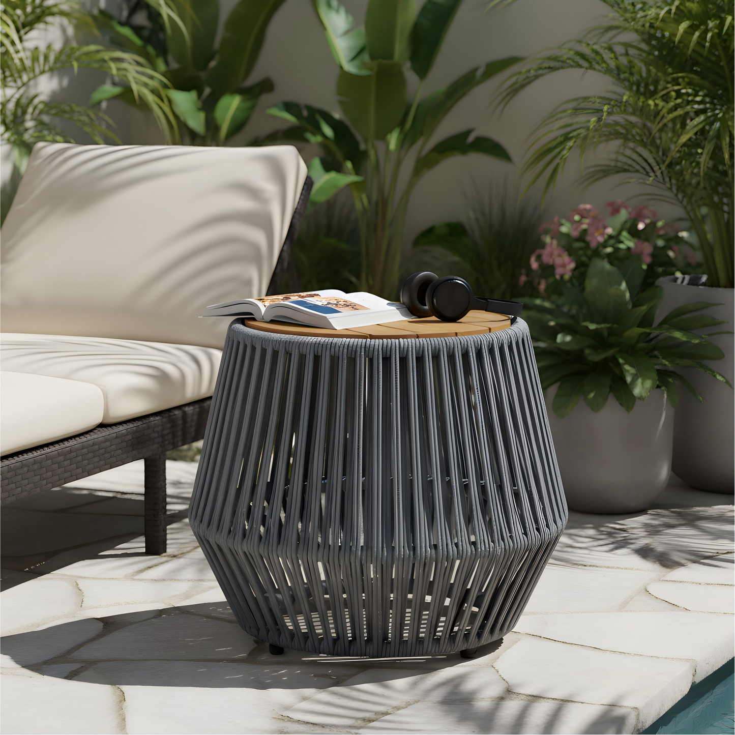 Acacia Wood Side Table with Grey Rope Base - Natural Teak Finish, Modern Coastal Accent for Patio, Garden, Balcony & Indoor Use image 3