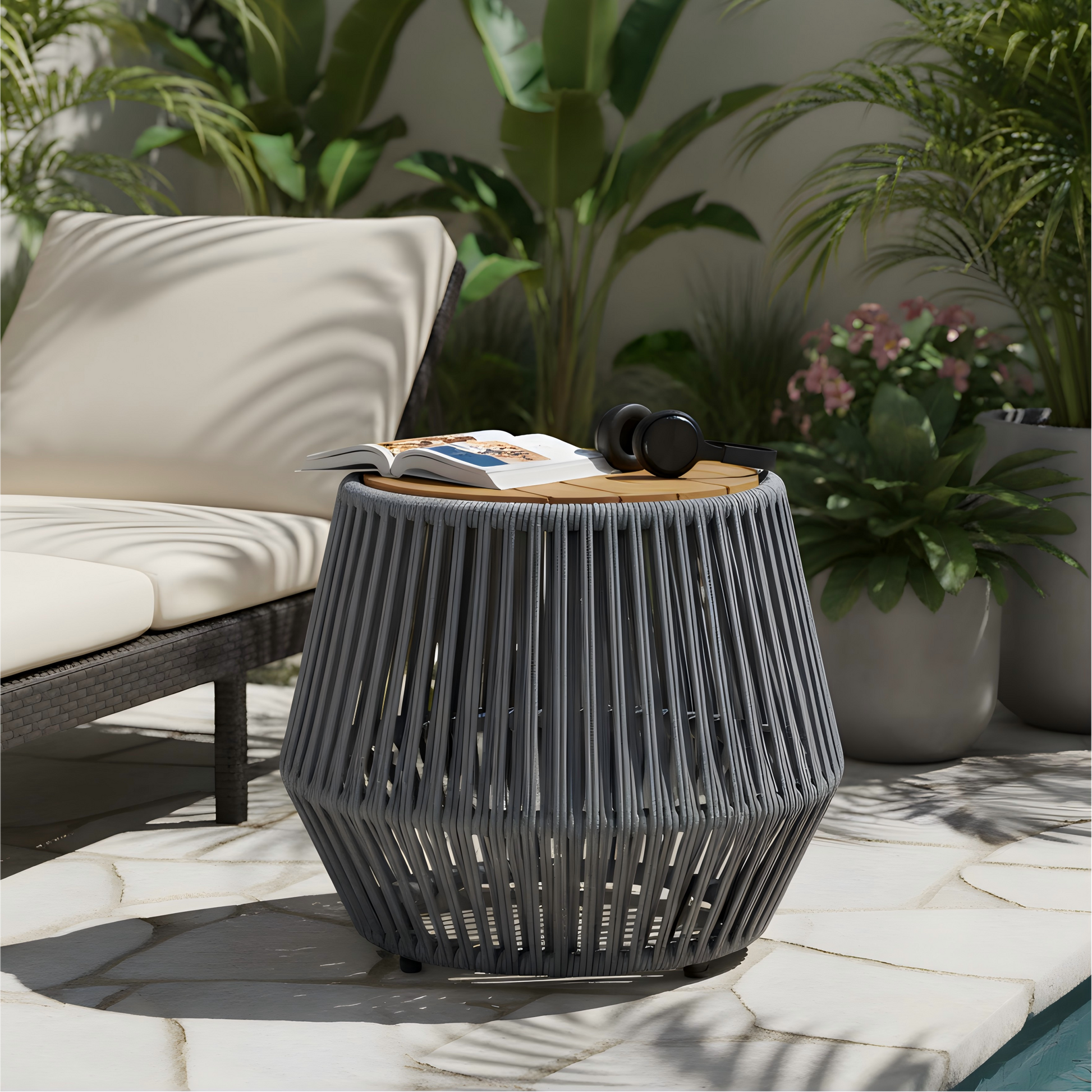 Acacia Wood Side Table with Grey Rope Base - Natural Teak Finish, Modern Coastal Accent for Patio, Garden, Balcony & Indoor Use image 3