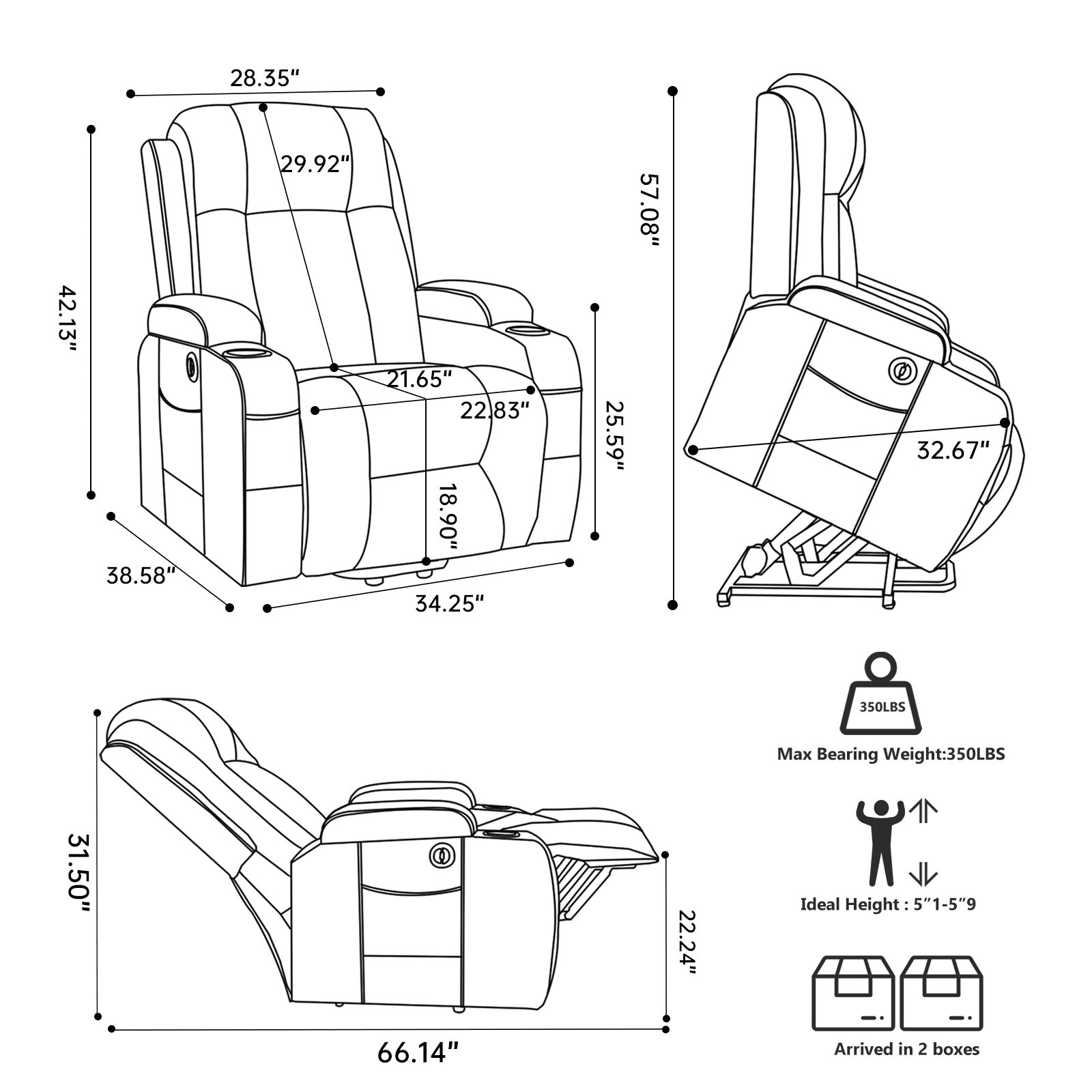Infinite Position Up to 350 LBS Power Lift Recliner Chair for Elderly, Heavy Duty Motion Mechanism with 8-Point Vibration Massage and Lumbar Heating, USB Charging Port, Cup Holders, Brown image 3