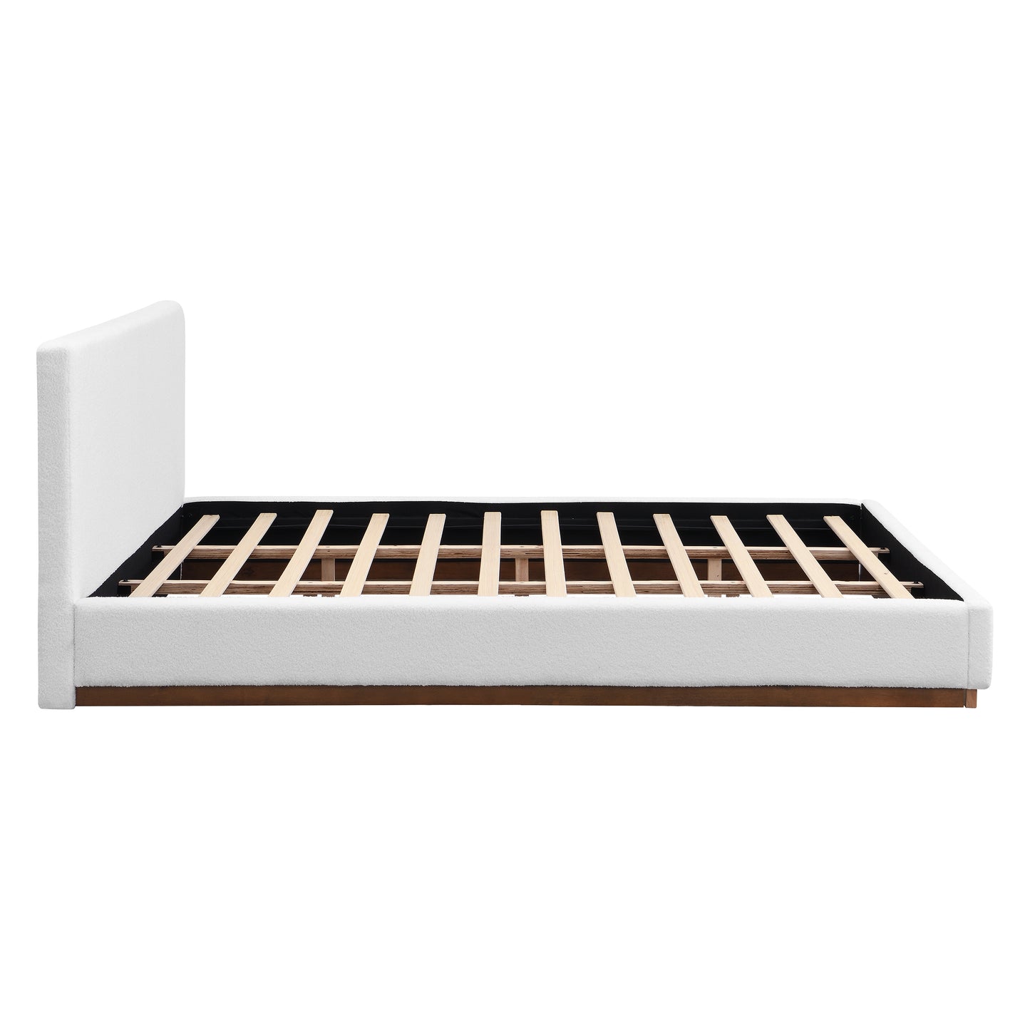 Elegant White Fabric Upholstered Bed With Nice Wood Grain Textured Brown Solid Wood Base Frame,White,King image 5