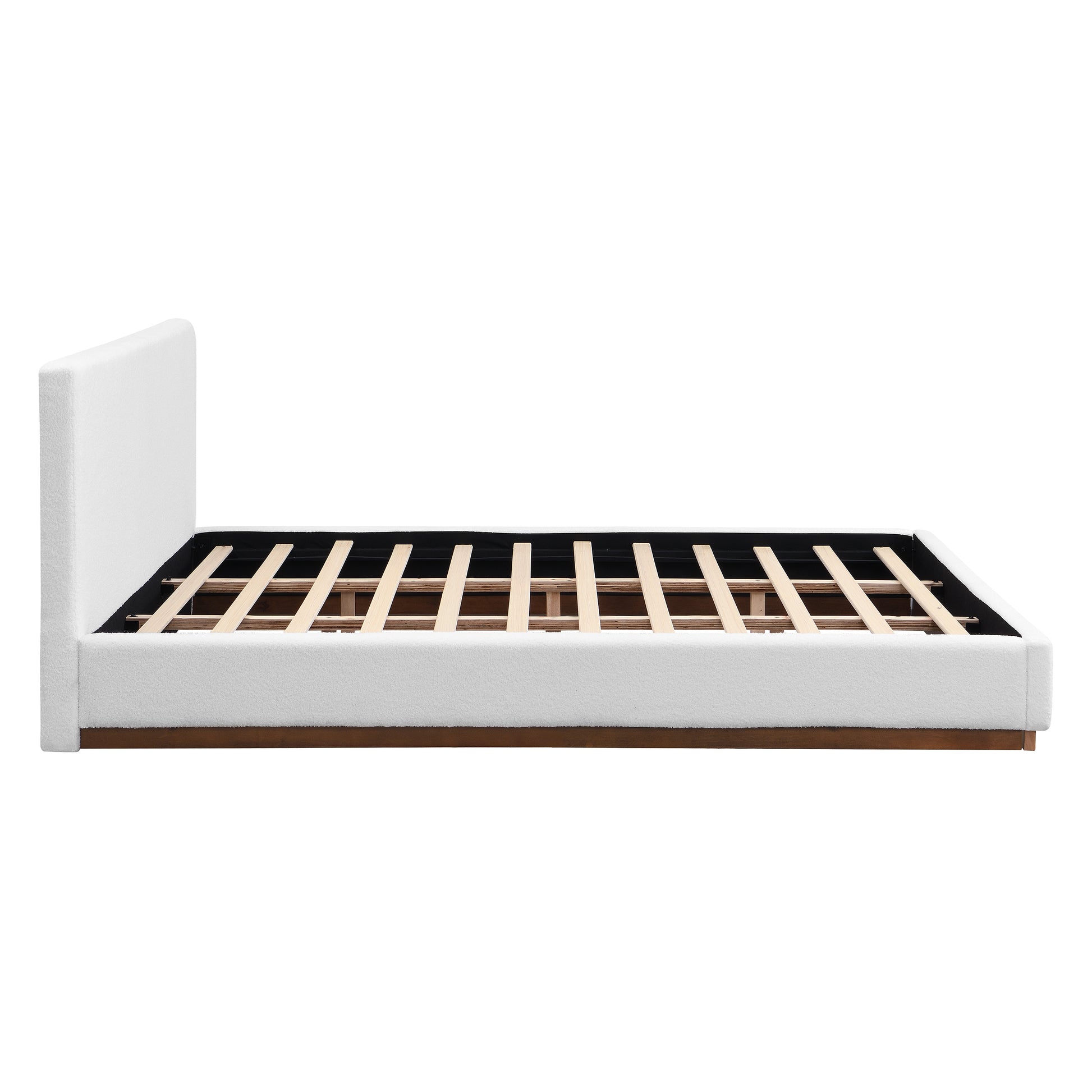 Elegant White Fabric Upholstered Bed With Nice Wood Grain Textured Brown Solid Wood Base Frame,White,King image 5