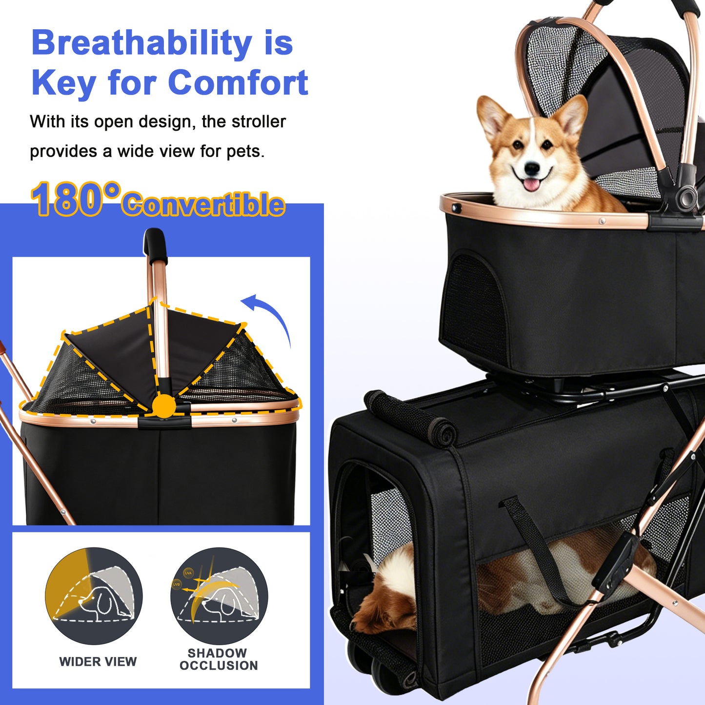 Double Pet Stroller for Dogs and Cats, Foldable Frame, 3-in-1 Convertible Carrier/Tote, Shockproof Wheels, Brake System, Fixed Safety Leashes for Small/Medium Pets in Multi-Pet Homes(Black) image 6