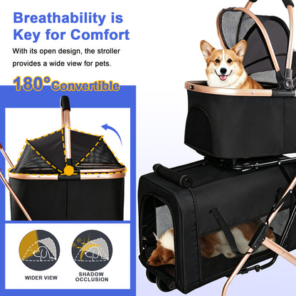 Double Pet Stroller for Dogs and Cats, Foldable Frame, 3-in-1 Convertible Carrier/Tote, Shockproof Wheels, Brake System, Fixed Safety Leashes for Small/Medium Pets in Multi-Pet Homes(Black) image 6